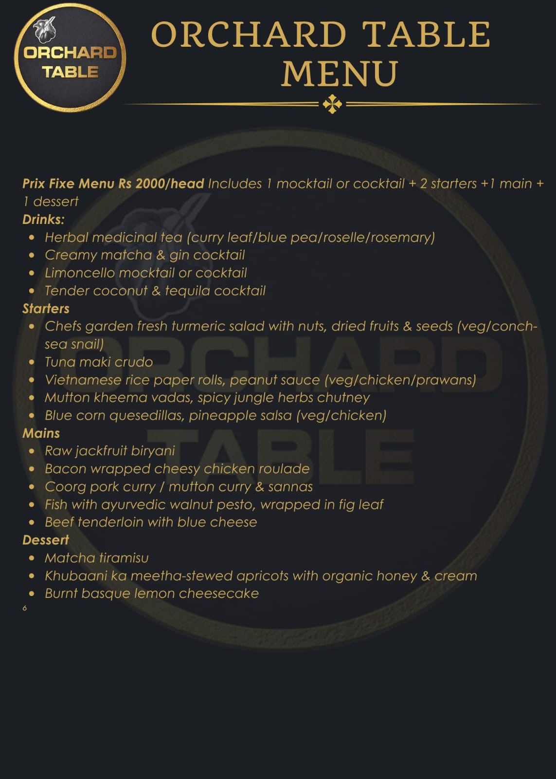 Orchard Table Prix Fixe Menu